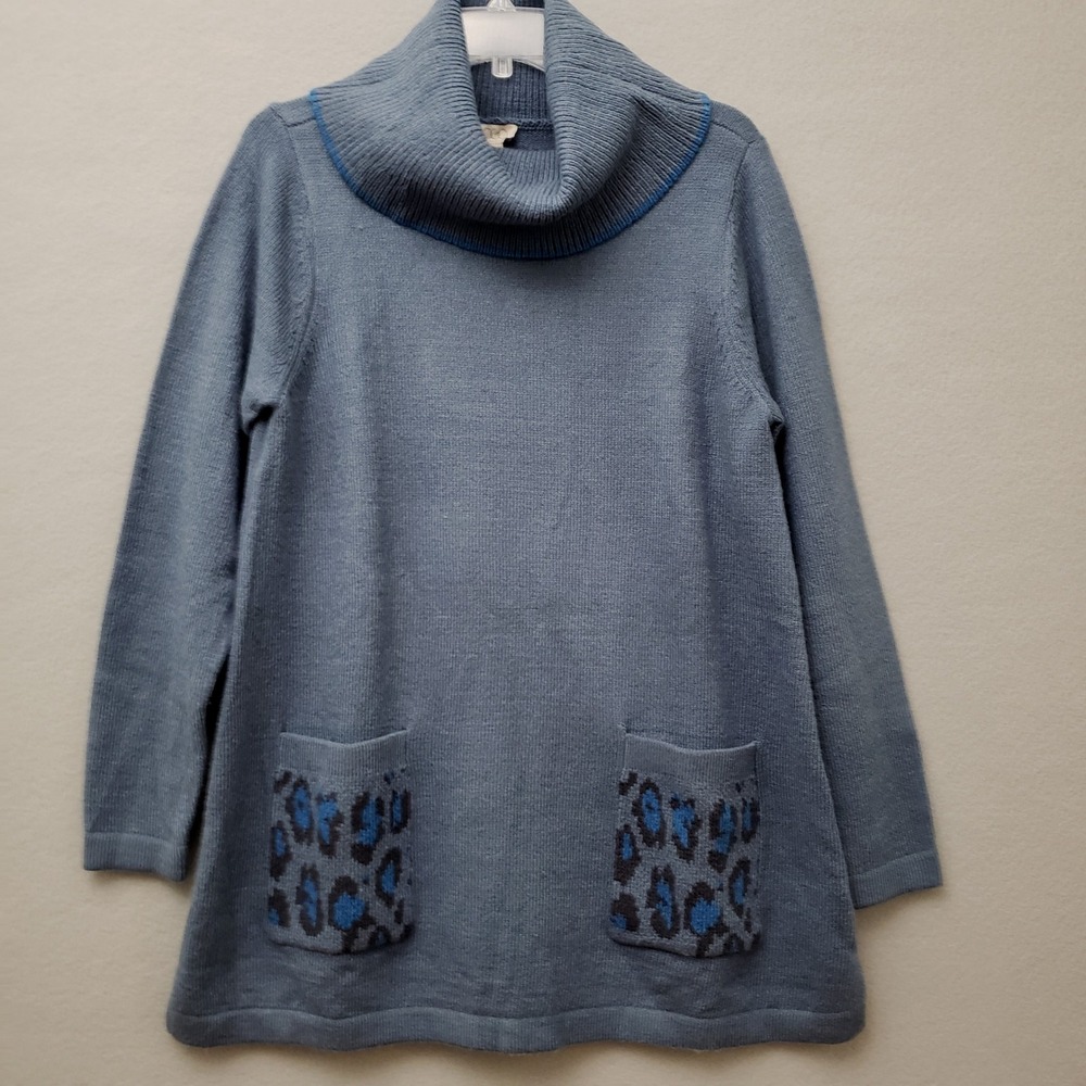 LOGO Lori Goldstein Womens M Agatha Tunic Sweater Blue Leopard Pockets Oversized